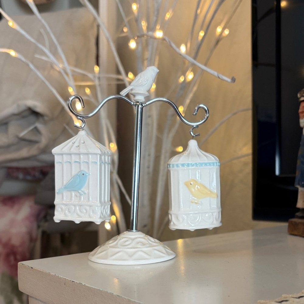 Charming Bird Cage Ornament with Blue and Yellow Birds